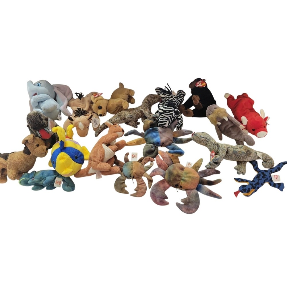 Vtg Ty Beanie Babies mixed lot Crabs Lizards Dogs Zebra Bull Fish etc..